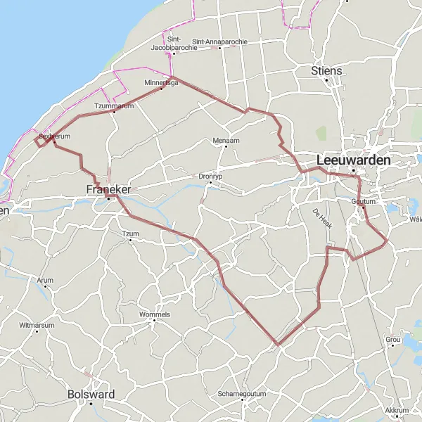 Map miniature of "Franeker - Leeuwarden Gravel Route" cycling inspiration in Friesland (NL), Netherlands. Generated by Tarmacs.app cycling route planner