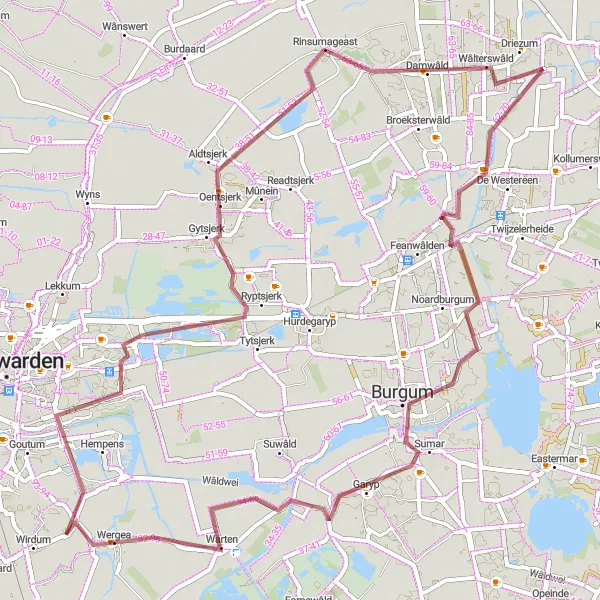 Map miniature of "The Gravel Tour of Ryptsjerk and the Burgumer Mar" cycling inspiration in Friesland (NL), Netherlands. Generated by Tarmacs.app cycling route planner