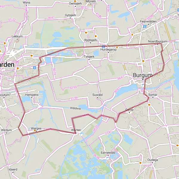 Map miniature of "The Scenic Gravel Route through Rypstjerksterpolder and Garyp" cycling inspiration in Friesland (NL), Netherlands. Generated by Tarmacs.app cycling route planner