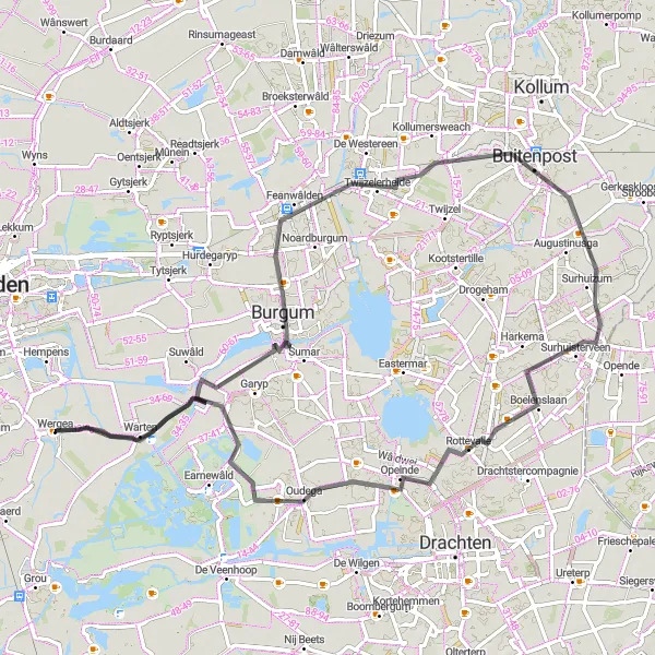 Miniatuurkaart van de fietsinspiratie "Pittoreske dorpjes en groene landschappen" in Friesland (NL), Netherlands. Gemaakt door de Tarmacs.app fietsrouteplanner