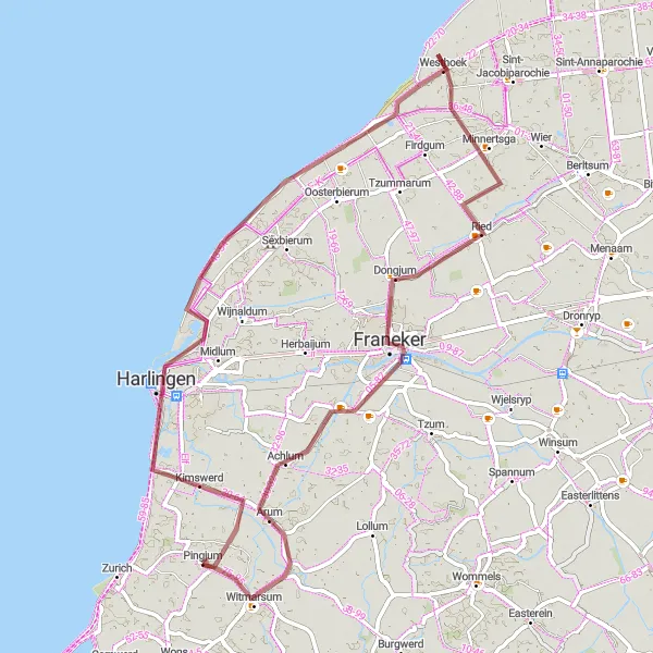 Map miniature of "Coastal gravel adventure" cycling inspiration in Friesland (NL), Netherlands. Generated by Tarmacs.app cycling route planner