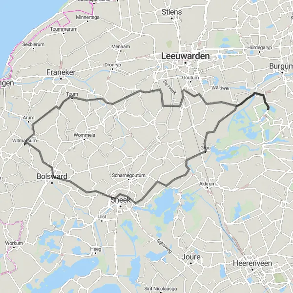 Map miniature of "Frisian villages and waterways" cycling inspiration in Friesland (NL), Netherlands. Generated by Tarmacs.app cycling route planner