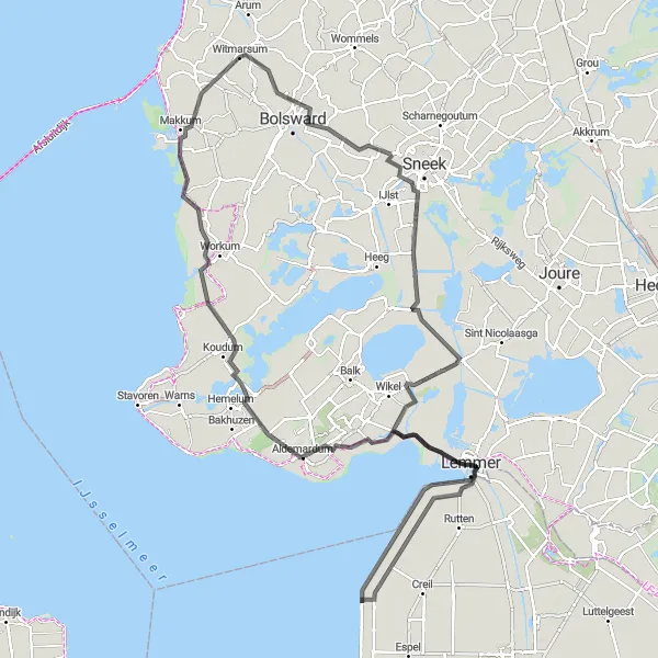 Map miniature of "The Great Lakes and Surroundings" cycling inspiration in Friesland (NL), Netherlands. Generated by Tarmacs.app cycling route planner