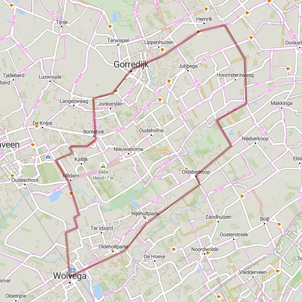 Miniatuurkaart van de fietsinspiratie "Wolvega - Belvedère - Gorredijk - Hemrik - Oldeberkoop - Nijeholtpade - Scheltingapolder" in Friesland (NL), Netherlands. Gemaakt door de Tarmacs.app fietsrouteplanner