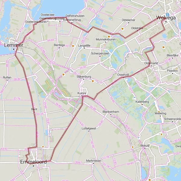 Miniatuurkaart van de fietsinspiratie "Oldemarkt - Uitkijktoren - Emmeloord - Lemmer - Echten - Oldetrijne" in Friesland (NL), Netherlands. Gemaakt door de Tarmacs.app fietsrouteplanner