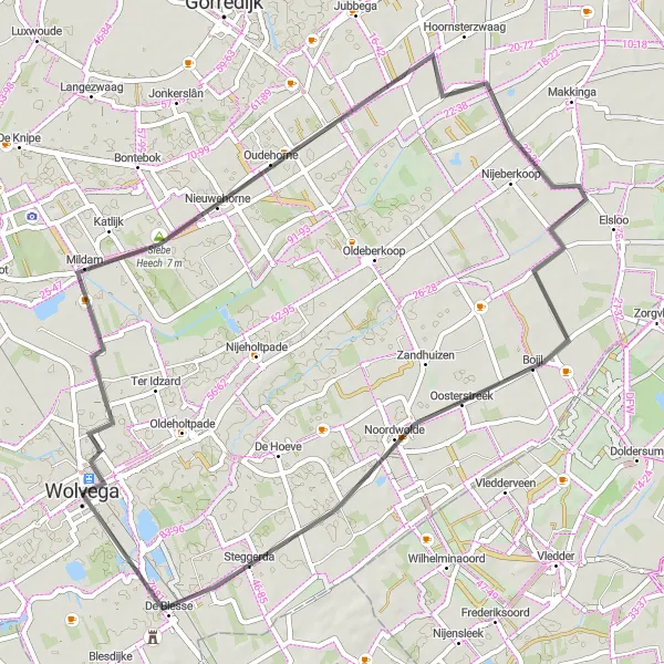 Miniatuurkaart van de fietsinspiratie "Wolvega - Siebe Heech - Nijeberkoop - Noordwolde - Peperga" in Friesland (NL), Netherlands. Gemaakt door de Tarmacs.app fietsrouteplanner