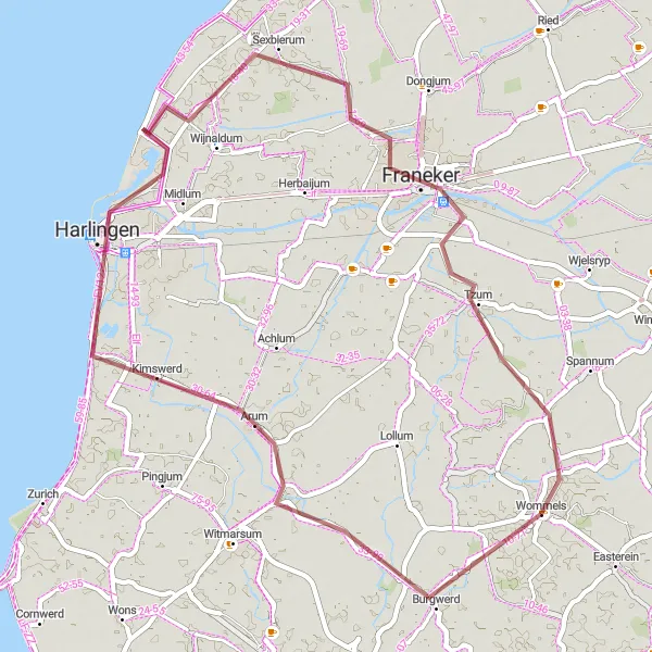 Map miniature of "Around Harlingen Gravel Loop" cycling inspiration in Friesland (NL), Netherlands. Generated by Tarmacs.app cycling route planner