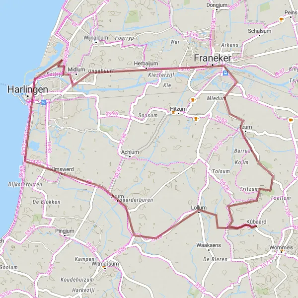 Miniatuurkaart van de fietsinspiratie "Gravelroute via Arum, Franeker en Fatum" in Friesland (NL), Netherlands. Gemaakt door de Tarmacs.app fietsrouteplanner