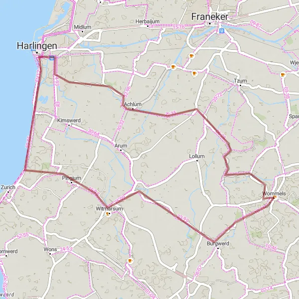 Miniatuurkaart van de fietsinspiratie "Gravelroute via Pingjum, Harlingen en Wommels" in Friesland (NL), Netherlands. Gemaakt door de Tarmacs.app fietsrouteplanner