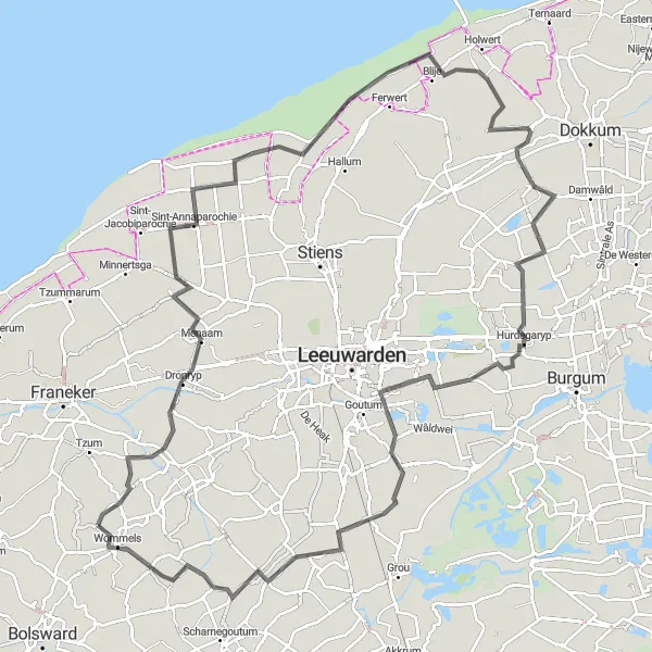 Map miniature of "The Coastal Road Adventure" cycling inspiration in Friesland (NL), Netherlands. Generated by Tarmacs.app cycling route planner