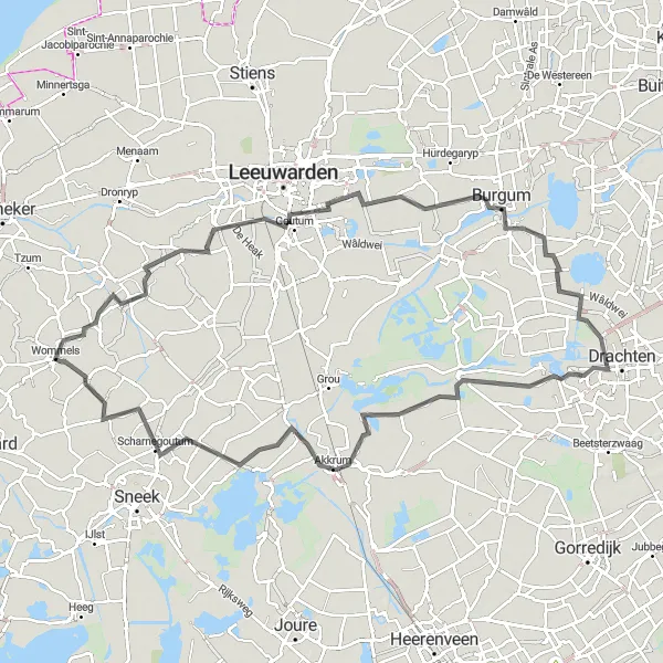 Miniatuurkaart van de fietsinspiratie "Wegenroute via Hilaard, Burgum en Akkrum" in Friesland (NL), Netherlands. Gemaakt door de Tarmacs.app fietsrouteplanner