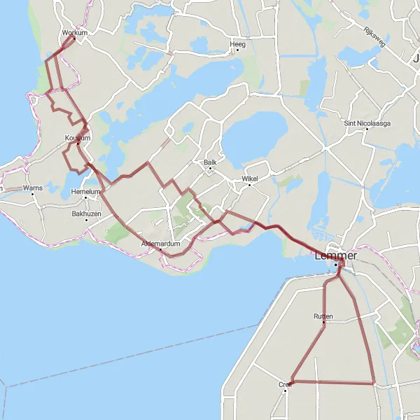 Map miniature of "The Lakes and Villages Gravel Ride" cycling inspiration in Friesland (NL), Netherlands. Generated by Tarmacs.app cycling route planner