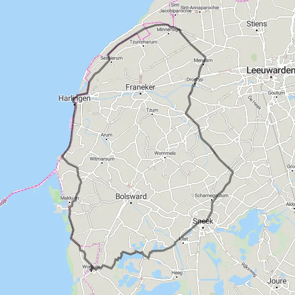 Map miniature of "Roads Less Traveled" cycling inspiration in Friesland (NL), Netherlands. Generated by Tarmacs.app cycling route planner