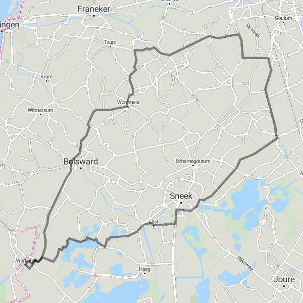 Map miniature of "Road to Rural Beauty" cycling inspiration in Friesland (NL), Netherlands. Generated by Tarmacs.app cycling route planner