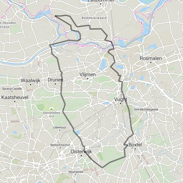 Map miniature of "Bergen and Valleys" cycling inspiration in Gelderland, Netherlands. Generated by Tarmacs.app cycling route planner