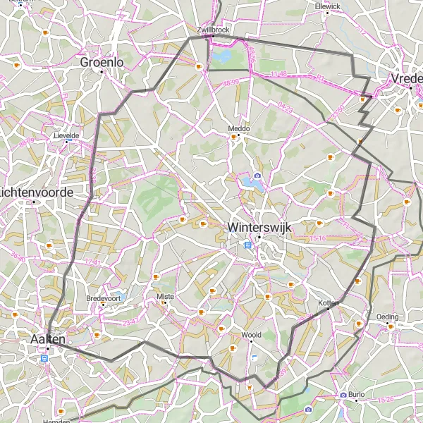 Map miniature of "Scenic Road Tour through Vragender and Zwolle" cycling inspiration in Gelderland, Netherlands. Generated by Tarmacs.app cycling route planner