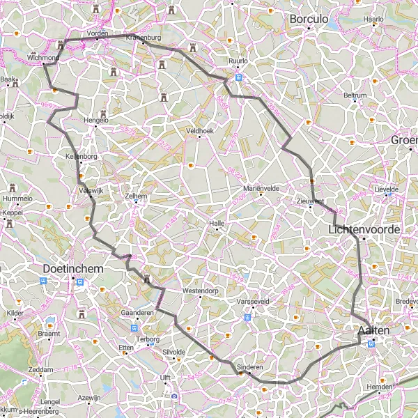 Map miniature of "Aalten and Zieuwent Road Loop" cycling inspiration in Gelderland, Netherlands. Generated by Tarmacs.app cycling route planner