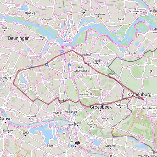 Miniatuurkaart van de fietsinspiratie "Ontdek de Hoogtepunten van de Stuwwal" in Gelderland, Netherlands. Gemaakt door de Tarmacs.app fietsrouteplanner