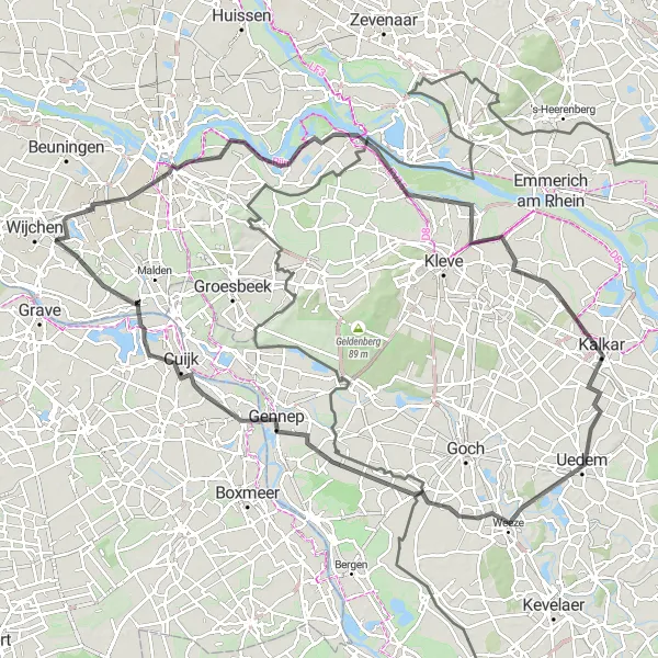 Map miniature of "Nijmegen Round-Trip" cycling inspiration in Gelderland, Netherlands. Generated by Tarmacs.app cycling route planner