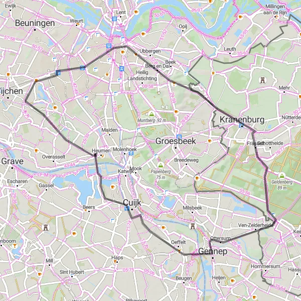 Map miniature of "Nijmegen Loop" cycling inspiration in Gelderland, Netherlands. Generated by Tarmacs.app cycling route planner