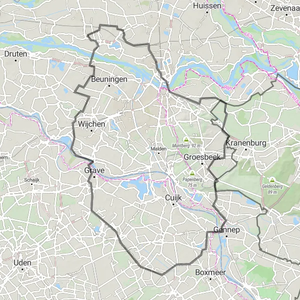 Map miniature of "Nijmegen and the Beauty of Gelderland" cycling inspiration in Gelderland, Netherlands. Generated by Tarmacs.app cycling route planner