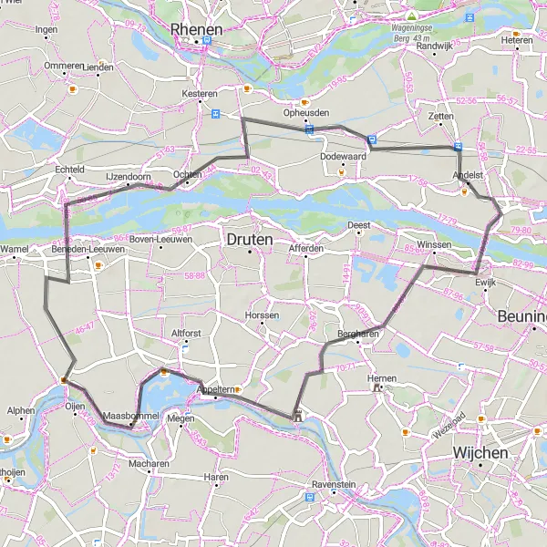 Miniatuurkaart van de fietsinspiratie "Historische fietsroute door de Betuwe" in Gelderland, Netherlands. Gemaakt door de Tarmacs.app fietsrouteplanner