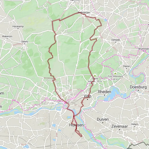 Map miniature of "Huissen and the Surrounding Landscapes" cycling inspiration in Gelderland, Netherlands. Generated by Tarmacs.app cycling route planner