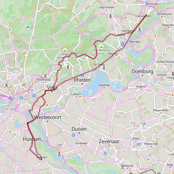 Map miniature of "Gravel Adventure from Angeren" cycling inspiration in Gelderland, Netherlands. Generated by Tarmacs.app cycling route planner