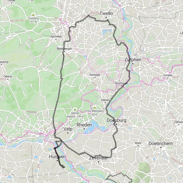 Map miniature of "Angeren Highlights Loop" cycling inspiration in Gelderland, Netherlands. Generated by Tarmacs.app cycling route planner