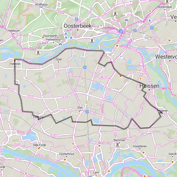 Miniatuurkaart van de fietsinspiratie "Natuurrijke route langs Heteren en Huissen" in Gelderland, Netherlands. Gemaakt door de Tarmacs.app fietsrouteplanner