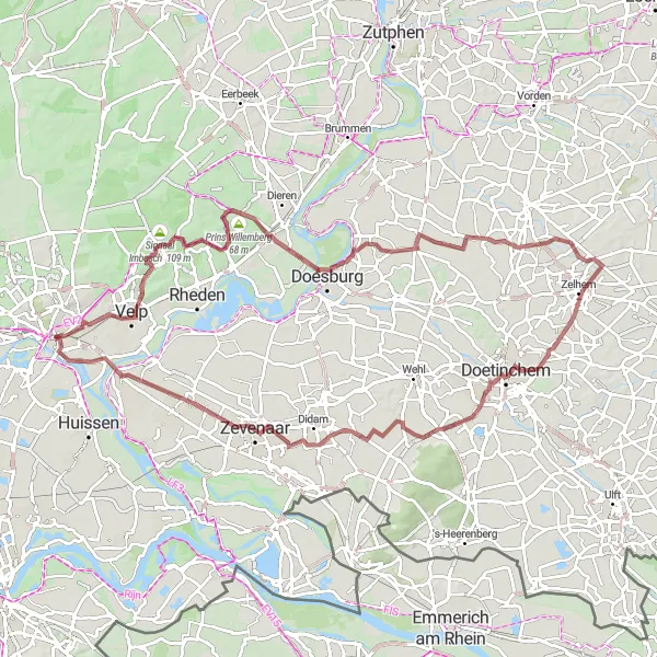 Miniatuurkaart van de fietsinspiratie "Gravelroute Arnhem en omgeving" in Gelderland, Netherlands. Gemaakt door de Tarmacs.app fietsrouteplanner