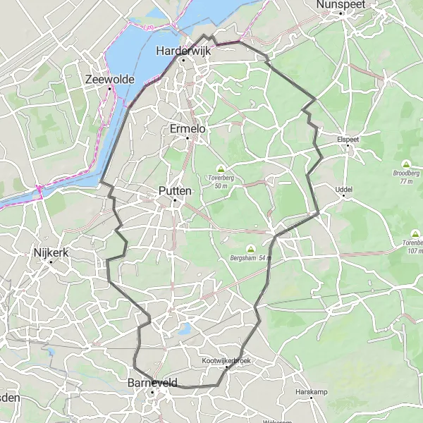 Miniatuurkaart van de fietsinspiratie "Barneveld naar Veluwemeer" in Gelderland, Netherlands. Gemaakt door de Tarmacs.app fietsrouteplanner