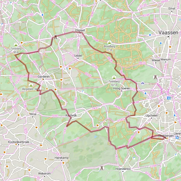 Map miniature of "Radio Kootwijk and Elspeet Gravel Loop" cycling inspiration in Gelderland, Netherlands. Generated by Tarmacs.app cycling route planner
