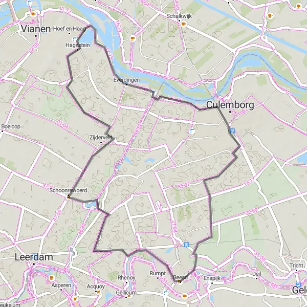 Miniatuurkaart van de fietsinspiratie "Fietsen langs Hagestein, Everdingen en Culemborg" in Gelderland, Netherlands. Gemaakt door de Tarmacs.app fietsrouteplanner