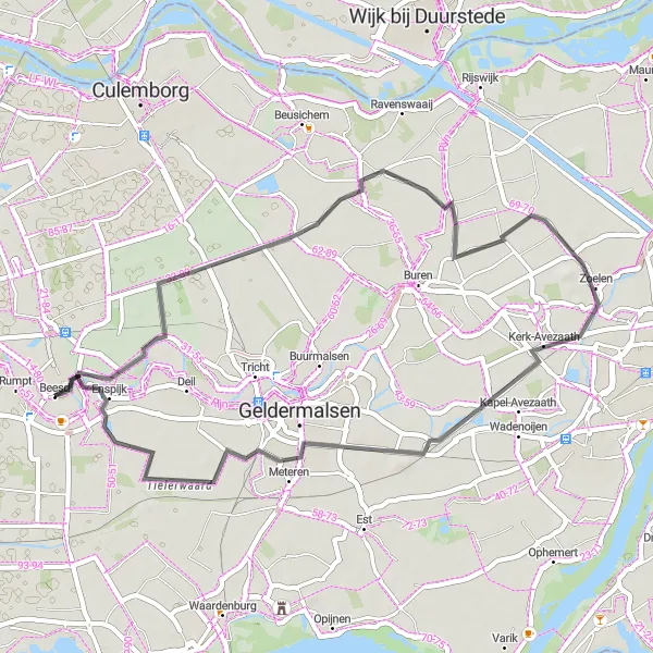 Map miniature of "Mariënwaerdt Loop" cycling inspiration in Gelderland, Netherlands. Generated by Tarmacs.app cycling route planner