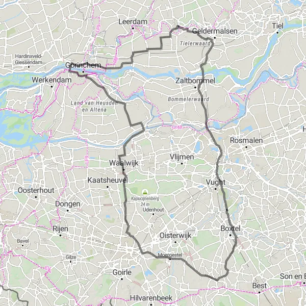 Map miniature of "Gelderland's Natural and Cultural Gems" cycling inspiration in Gelderland, Netherlands. Generated by Tarmacs.app cycling route planner