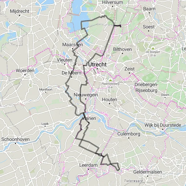 Map miniature of "Overboeicop and De Meern Circuit" cycling inspiration in Gelderland, Netherlands. Generated by Tarmacs.app cycling route planner