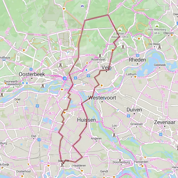 Miniatuurkaart van de fietsinspiratie "Grindpaden rond Arnhem en Nijmegen" in Gelderland, Netherlands. Gemaakt door de Tarmacs.app fietsrouteplanner