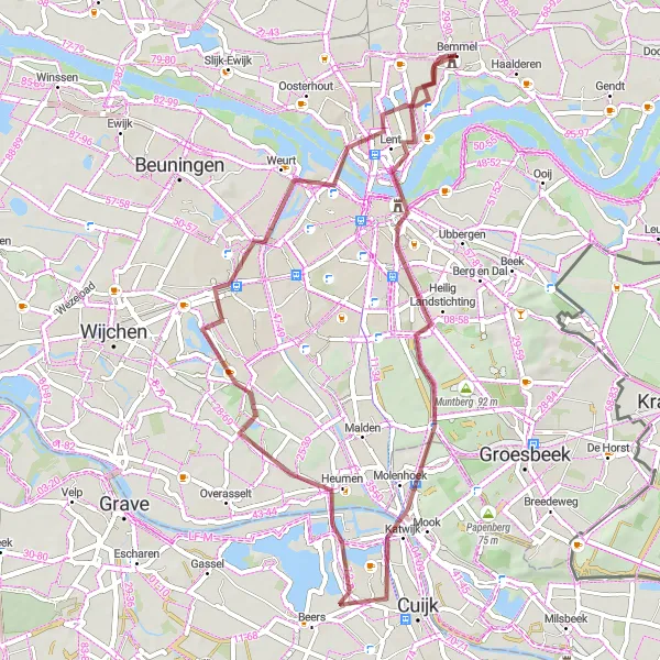 Miniatuurkaart van de fietsinspiratie "Schilderachtige route rond Nijmegen" in Gelderland, Netherlands. Gemaakt door de Tarmacs.app fietsrouteplanner