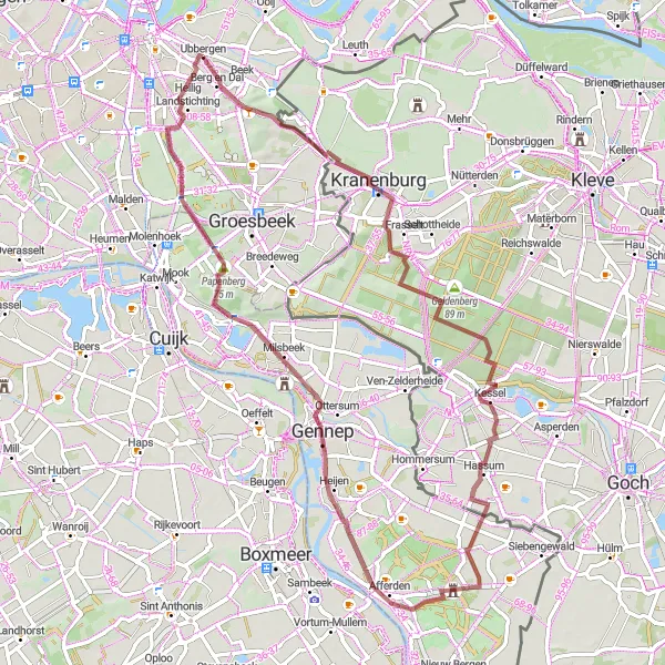 Miniatuurkaart van de fietsinspiratie "Gravel Avontuur" in Gelderland, Netherlands. Gemaakt door de Tarmacs.app fietsrouteplanner