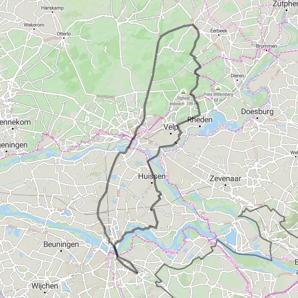 Miniatuurkaart van de fietsinspiratie "Heuvels en Kastelen Route" in Gelderland, Netherlands. Gemaakt door de Tarmacs.app fietsrouteplanner
