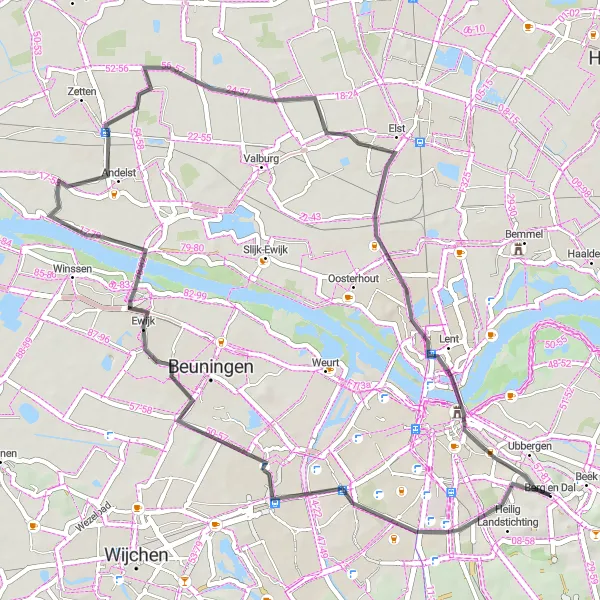 Map miniature of "Nature and History Tour" cycling inspiration in Gelderland, Netherlands. Generated by Tarmacs.app cycling route planner