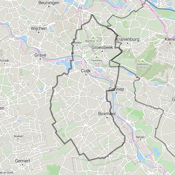 Map miniature of "Road Cycling Exploration of Ubbergen and Kopse Hof" cycling inspiration in Gelderland, Netherlands. Generated by Tarmacs.app cycling route planner
