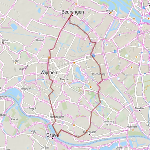 Map miniature of "Beuningen Gravel Adventure" cycling inspiration in Gelderland, Netherlands. Generated by Tarmacs.app cycling route planner