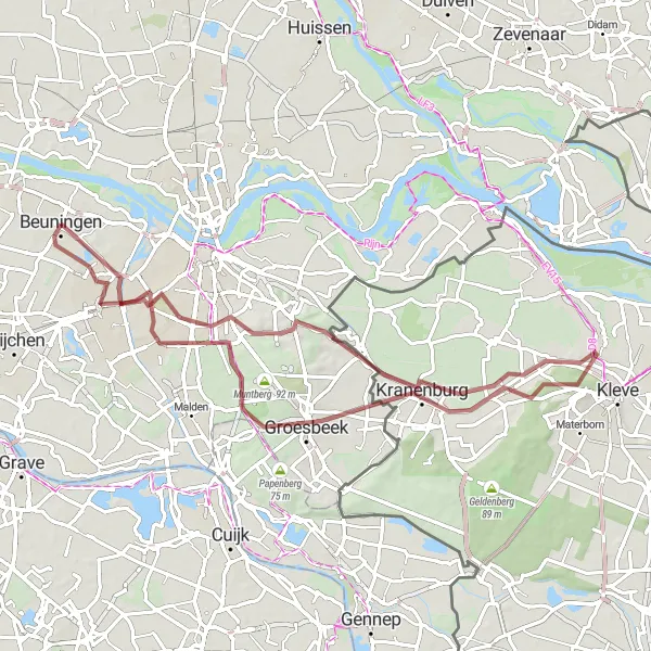 Map miniature of "Gravel Adventure to Groesbeek and Beyond" cycling inspiration in Gelderland, Netherlands. Generated by Tarmacs.app cycling route planner