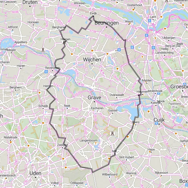 Map miniature of "Beuningen to Bergharen Road Cycling Route" cycling inspiration in Gelderland, Netherlands. Generated by Tarmacs.app cycling route planner