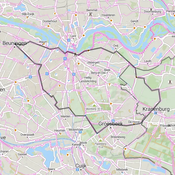 Map miniature of "Nijmegen to Beuningen Scenic Road Cycling Route" cycling inspiration in Gelderland, Netherlands. Generated by Tarmacs.app cycling route planner