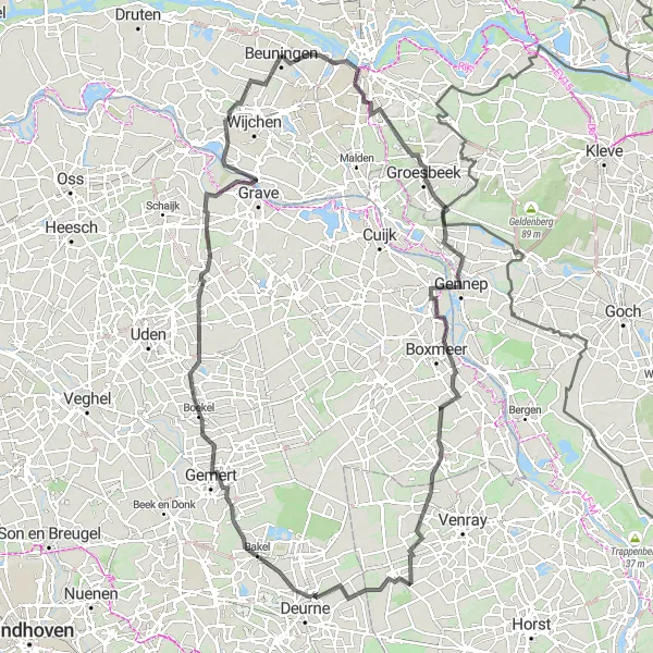 Map miniature of "Nijmegen to Beuningen Loop" cycling inspiration in Gelderland, Netherlands. Generated by Tarmacs.app cycling route planner