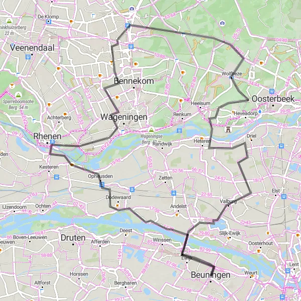 Map miniature of "Dodewaard to Driel Scenic Road Cycling Route" cycling inspiration in Gelderland, Netherlands. Generated by Tarmacs.app cycling route planner
