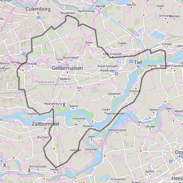 Miniatuurkaart van de fietsinspiratie "Historische parels aan de Waal" in Gelderland, Netherlands. Gemaakt door de Tarmacs.app fietsrouteplanner